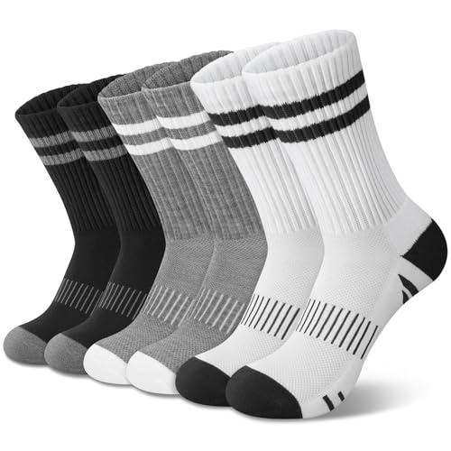 YSense 6 Pairs Crew Socks for Women, Hiking Running Compression Socks - color: White Black Grey