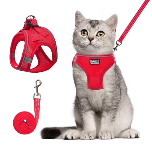 Cat Harness and Leash Set, Soft and Breathable Vest with Reflective Strip, Escape Proof Kitten Harness, Easy to Wear for Cats Walking and Traveling (Red, XS) - color: Red, size: XS (Chest:12''-13'')