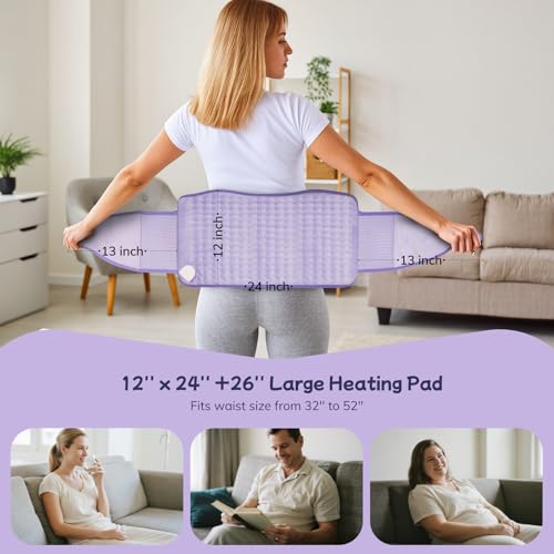 Heating Pad for Period Cramps, Upgraded Wrap Heating Pad for Back Pain Relief, Large 12''x 24''Heat Pad +26" Belt Adjustable 4 Timer 6 Heat Level Auto Shut Off, Christmas Birthday Gifts for Women Mom - color: Light Purple