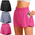 TVKSOM Womens Athletic Shorts High Waisted with Liner 2 Zipper Pockets - color: 3pack Black,greyish Blue,hot Pink, size: Medium