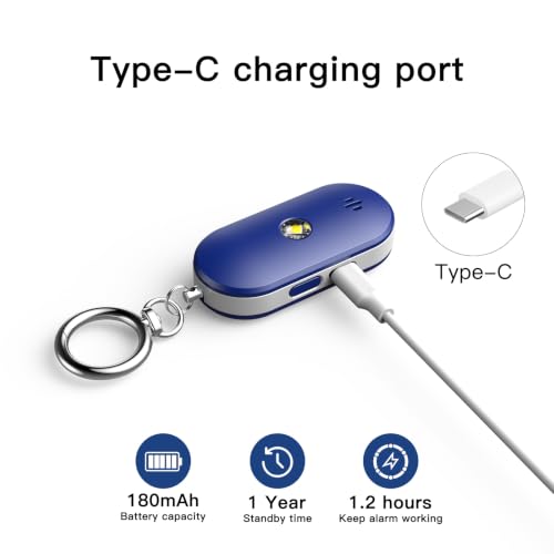 Personal Safety Alarm for Women, 130dB Rechargeable Keychain Alarm with Bluetooth SOS, Dual Speakers, LED Strobe, USB-C Charging, Low Power Reminder for Campus, Walking, Travel, (Blue) - color: Blue