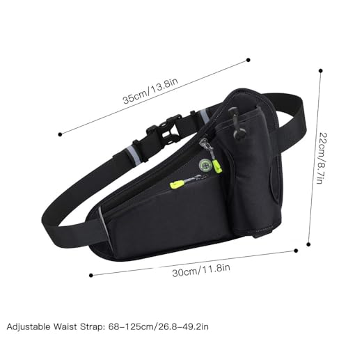 Water Bottle Waist Pack 2 Zippered Pockets – Reflective Running Belt for Hiking Cycling, Adjustable Breathable Mesh with Earphone Port(Black) - color: Black