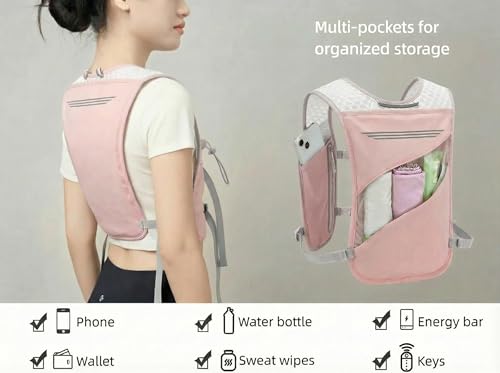 Running Vest for Women Men Hydration Backpack with 500ml Soft Flask Lightweight Water Pack - color: Pink Vest Only