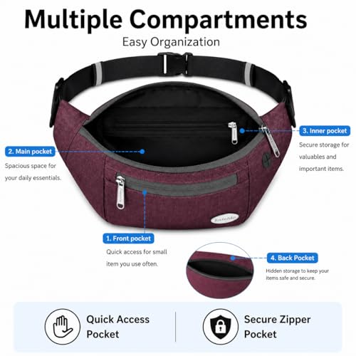 Entchin Water-Resistant Fanny Pack, 4-Zipper Belt Bag - color: Burgundy