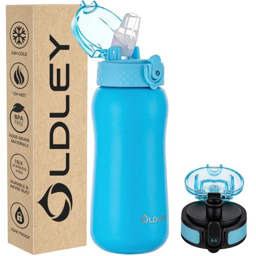 Oldley Insulated Water Bottle 12oz Kids Water Bottles with Straw, 2 Lids,Double Wall Vacuum Bottle, Blue - color: Blue, size: 12 Ounces
