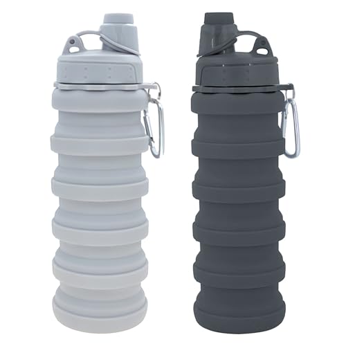 Collapsible Water Bottles Travel water bottle Sports Portable Sport Water Bottle Reusable Water Bottles comes with mountaineering Buckle 500ml silicone Water-proof camping water bottle - color: Light grey+Grey, style: 2 pack