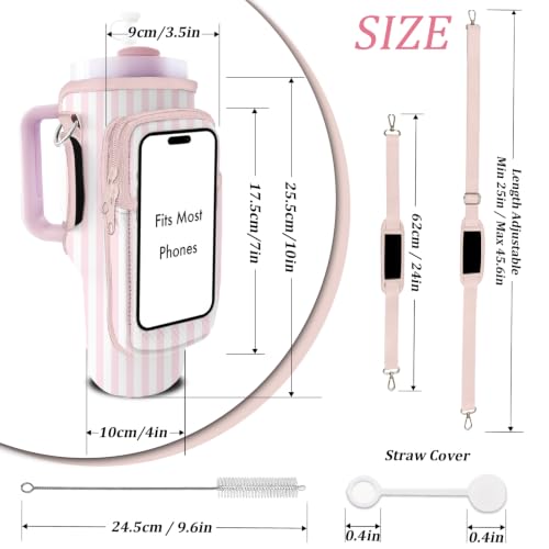 Water Bottle Carrier Bag for Stanley 40/30oz Cup Tumbler with Phone Pocket,Insulated Crossbody Water Bottle Holder with Adjustable Strap,Water Bottle Sling Pouch for Hiking Walking Camping Accessories - color: Pink Stripes