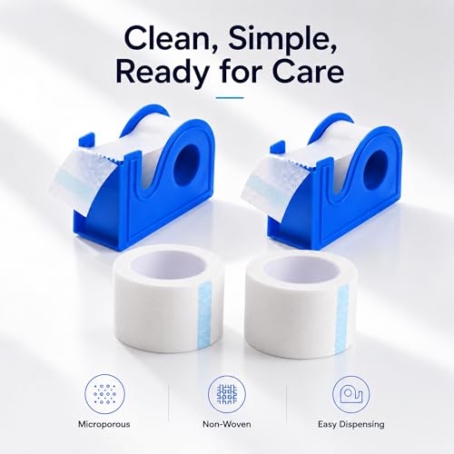 2 Rolls Medical Paper Tape with Dispenser, 1 Inch x 10 Yards,Microporous Surgical Paper Tape for Skin, Dressings, Wound First Aid Tape(White) - color: White