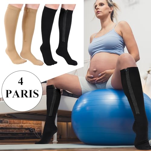 Tarpop 4 Pair Zipper Compression Socks for Women Men - color: Nude, Black, size: L/ XL