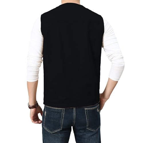 PRIJOUHE Mens Casual Cotton Vest Lightweight Outdoor Fishing Utility Vest - color: 04-black, size: Large