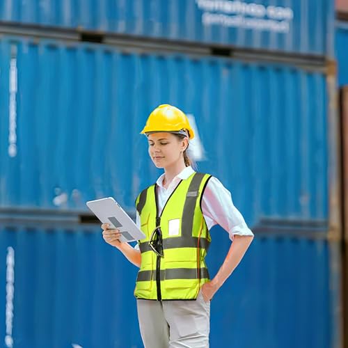 A-SAFETY High Vis Safety Vest for Women - Reflective Strips, Multi-Pockets, Zipper Closure - color: Yellow, size: Large