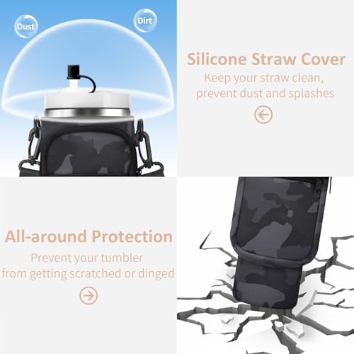 AceTreker Water Bottle Carrier Bag with Strap for Stanley 40/30 oz Tumbler Neoprene Insulated Cup Holder Sleeve with Phone Pocket & Straw Cover for Stanley Cup Accessories - color: 02-Black Camo, style: 40 Oz