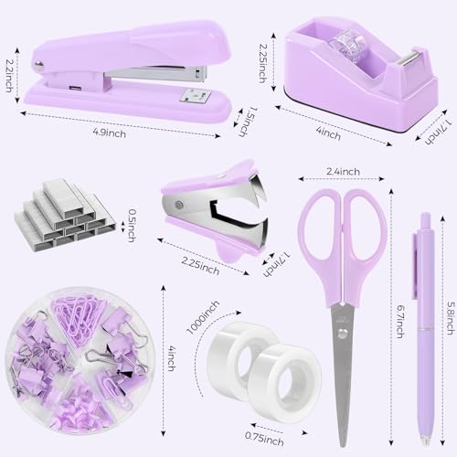 SKYDUE Purple Desk Accessories, Stapler and Tape Dispenser Set,10PCS - color: Purple