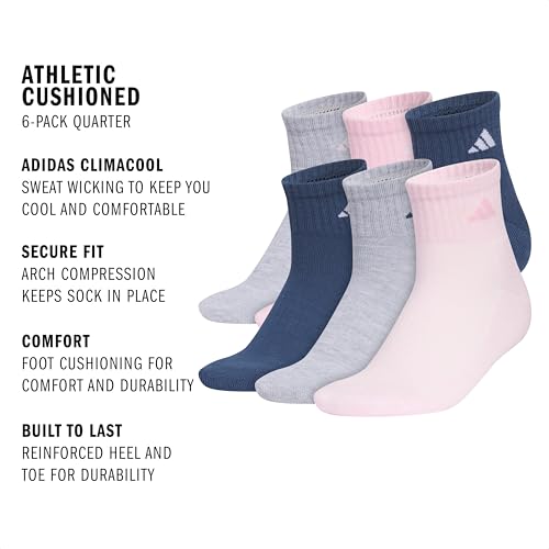 adidas Women's Athletic Cushioned Quarter Ankle Socks 6 Pairs - color: Cool Light Heather/Clear Pink/Dark Blue