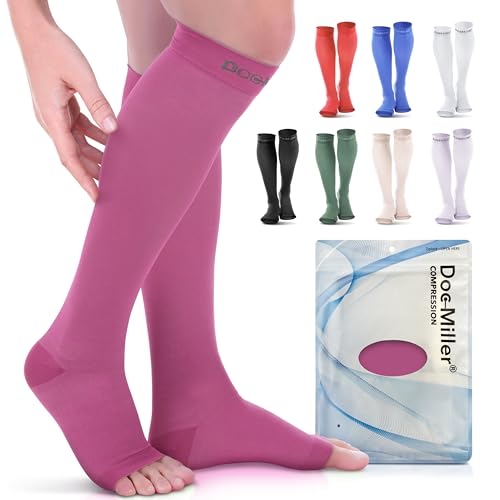 Doc Miller Open Toe Compression Socks, 20-30 mmHg, Knee High, Men & Women - color: Maroon, size: Small