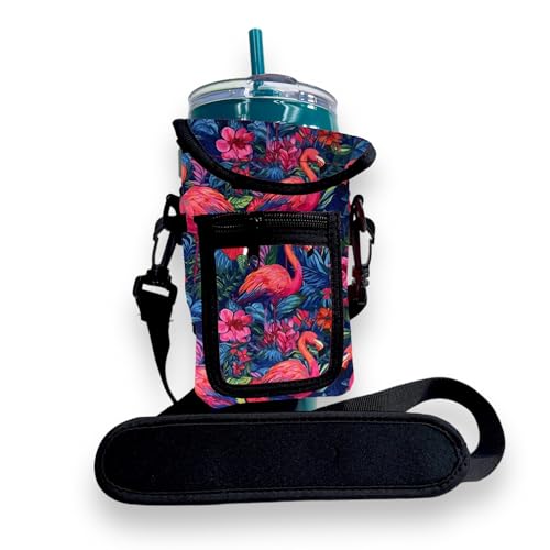 Drink Handlers Drink Carrier with Pocket Purse - Versatile Water Bottle Holder with Strap -Velcro Strap Fits Around 30-40oz Tumblers - Bright Flamingo - color: Bright Flamingo