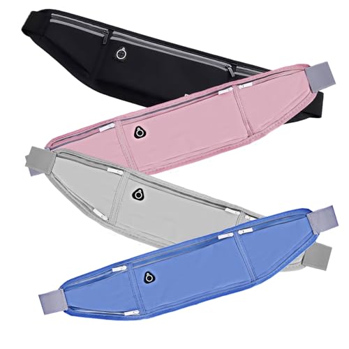 4 Pcs Slim Running Belt, Fanny Packs for Women, Lightweight Reflective Fitness Belt with Zipper Pockets, Moisture Wicking Sports Waist Pack for Men Women