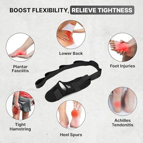 DMoose Fitness Foot & Calf Stretcher with Adjustable Padded Stretching Strap for Plantar Fasciitis, Hamstring, Heel Spurs and Achilles Tendonitis Relief - Yoga Leg Stretch Strap for Flexibility - color: Black Premium