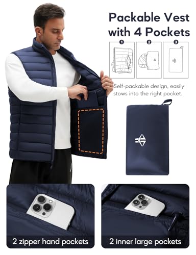 WHN Men's Puffer Vest Outerwear Lightweight Packable Sleeveless Jacket - color: Navy, size: Large