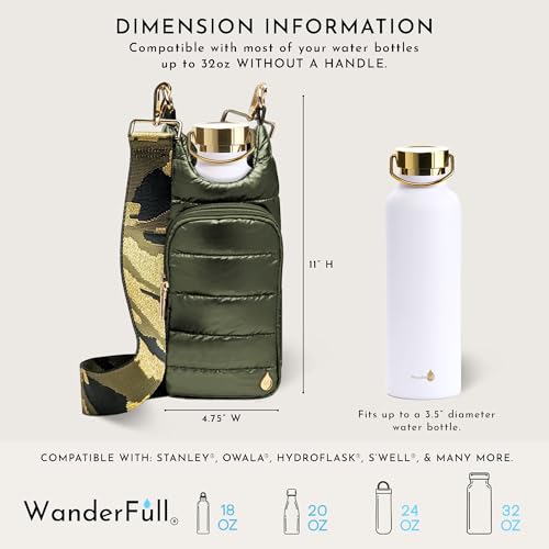 WanderFull Original HydroBag Crossbody Water Bottle Holder with Phone Pocket, Fits Water Bottles up to 32 oz - color: Army Green Shiny - Patterned Strap
