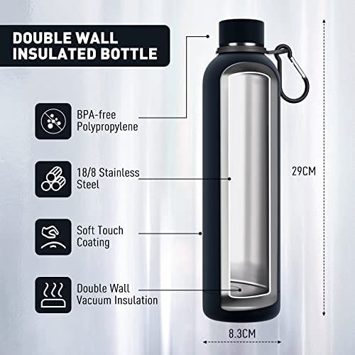 Exllena Slim Insulated Water Bottles for Travel 32oz with Clip, Double Wall Vacuum Stainless Steel Water Bottle Keeps Drinks Cold 24 Hrs/Hot 12 Hrs, 100% Leakproof, BPA Free (Black) - color: Black, size: 1 L