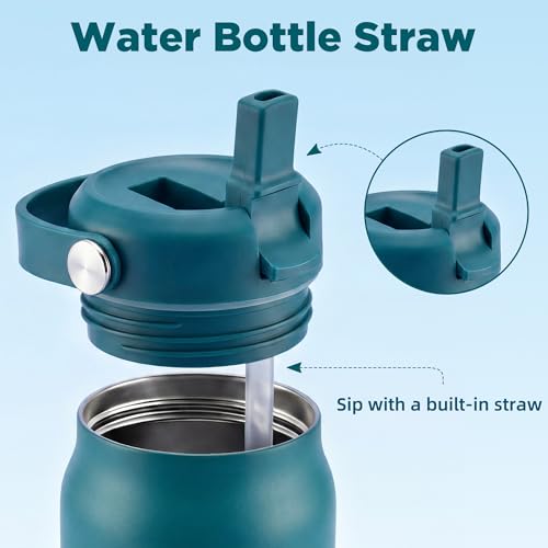 32 oz Insulated Water Bottle with Straw, Leakproof Stainless Steel Bottle with Handle, Non-Slip Silicone Sleeve, Internal Markings, Dishwasher Safe for Travel, Gym, Sports, Turquoise - color: Turquoise