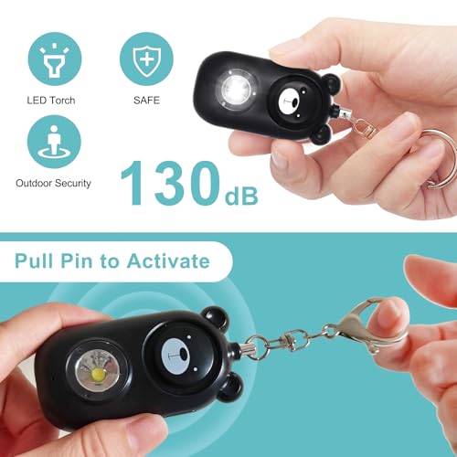 Personal Safety Alarm Keychain with LED Light, 130dB Emergency Alert, Rechargeable Bear Design for Women, Children,Girls - color: Black