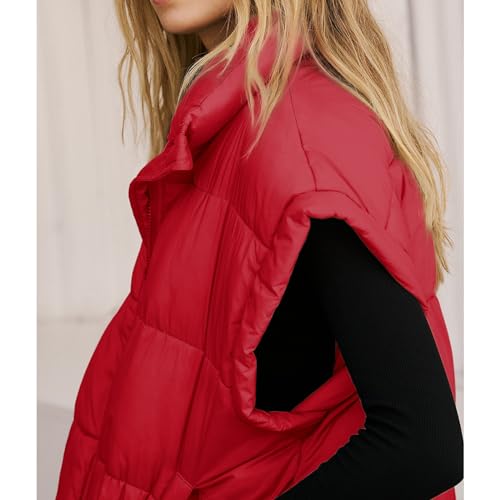 Songling Womens Oversized Puffer Vest Stand Collar Full Zip Sleeveless Bubble Puffer Vest Quilted Padded Warm Coat Outwear - color: Red, size: X-Large