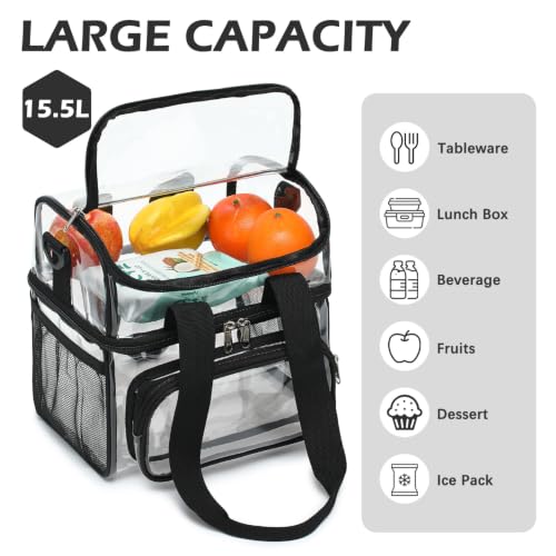 FlowFly Double Layer Cooler Insulated Lunch Bag Adult Lunch Box Large Tote Bag for Men, Women, With Adjustable Strap,Front Pocket and Dual Large Mesh Side Pockets - color: Clear#Black