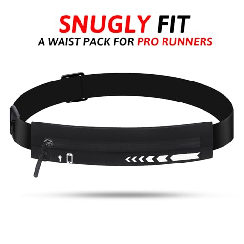 USHAKE Slim Running Belt Women Men, Bounce Free Fanny Pack Phone Holder - color: Black