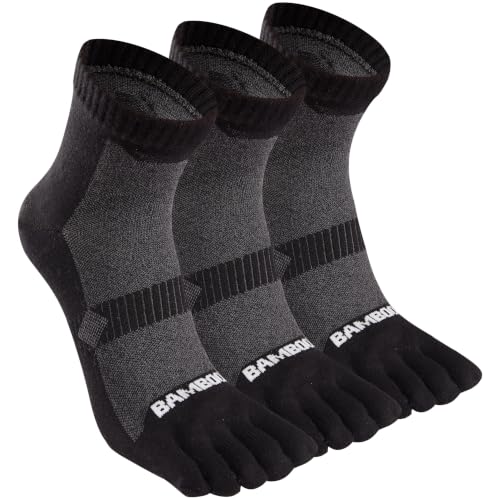 Sunew 3 Pairs Toe Socks for Men Women,Viscose Bamboo Breathable Athletic Running Five Finger Ankle/Quarter Socks - color: 3 Pairs Black Gray, size: Small