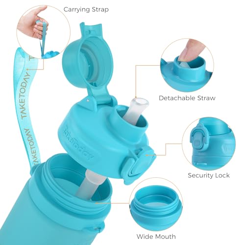 TakeToday Collapsible Water Bottles 21oz (600mL), Foldable Platinum Silicone Travel Water Bottle with Straw & Carry Strap, Leak-Resistant Screw Lid, Wide Mouth, BPA-Free for Hiking, Camping, Travel - color: Ocean Breeze
