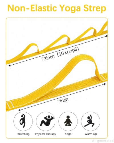 10 Loop Yoga Stretching Strap for Physical Therapy - Non-Elastic Exercise Band for Pilates, Yoga, Stretching for Women & Men - color: Yellow