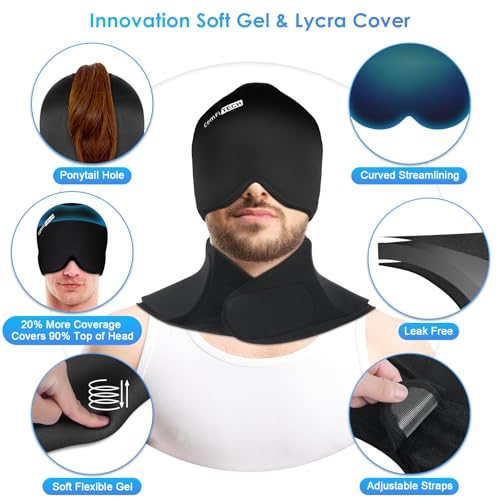 ComfiTECH Migraine Relief Cap, Head Neck Ice Pack Wrap Gel Set, Black, L - size: Large, style: Black