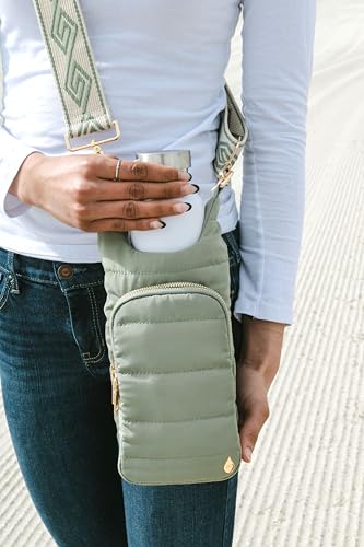 WanderFull Original HydroBag Crossbody Water Bottle Holder with Phone Pocket, Fits Water Bottles up to 32 oz - color: Sage Green - Patterned Strap