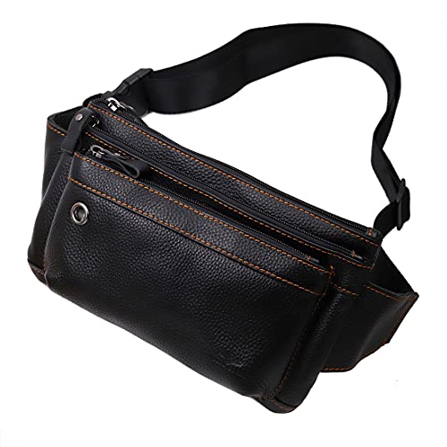 Triple Pocket fanny pack Genuine Leather waist slim sling bag Hip Purse Adjustable Belt strap Casual Pouch Outdoor Day bag (Hole Black) - color: Hole Black