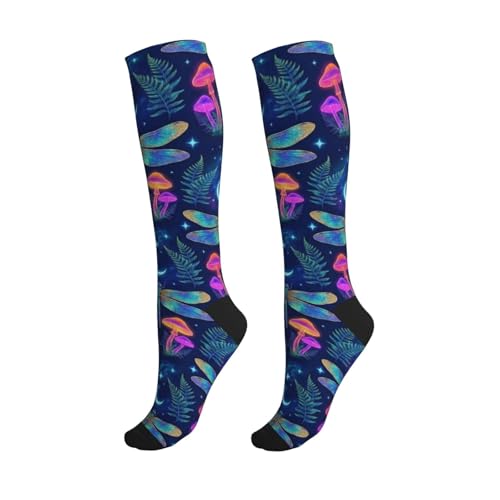 Witchy Moth Compression Socks For Women Men - color: Neon Dragonfly Mushroom