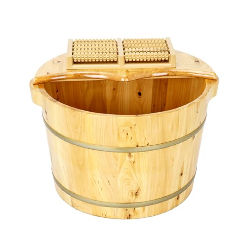 tonchean 15.74in*12.2in*10.23in Wooden Foot Bath Bucket, Thick Insulated Wooden Foot Basin with Massage Roller and Lid Foot Wash Bucket for Foot Bath, Massage, Spa Suitable for All Ages
