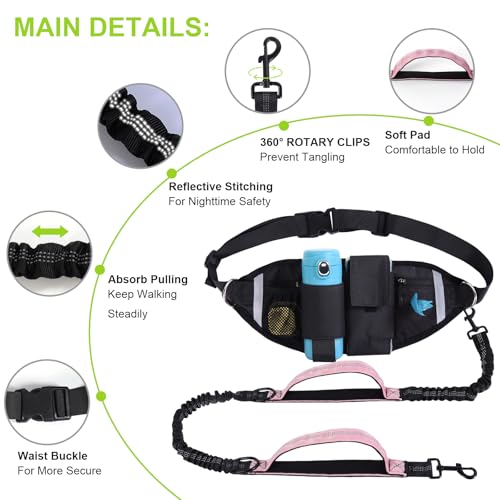 Hands Free Dog Leash, Waist Leash for Dog Walking, Running, Jogging (Pink) - color: Pink