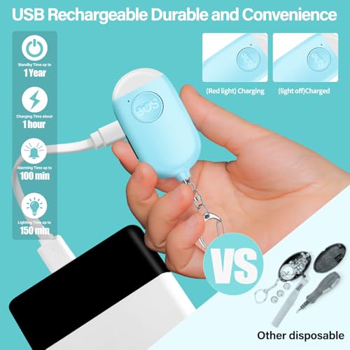 Hion Personal Safety Alarm for Women, Rechargeable 130dB Self Defense Alarm Keychain with LED Flashlight, Emergency Safe Sound Security for Children Elderly College Girls Men, Blue - color: Blue