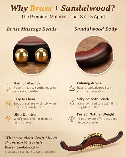 ONUEMP Sandalwood Gua Sha Muscle Knot Scraper with 17 Fascia Brass Beads - size: Sandalwood&Brass