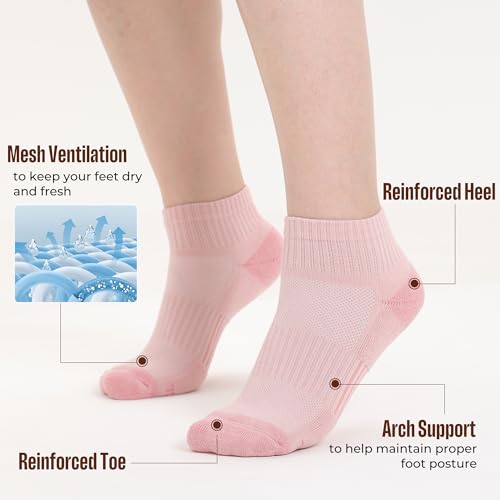 BAMBOO COOL Athletic Ankle Socks Womens Moisture-Wicking 5/6 Pairs - color: Black*1,white*1,gray*1,khaki*1,pink*1, size: Large