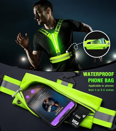 LED High Visibility Reflective Vest, Adjustable Hi Vis Sports Gear Safety Vest with Waterproof Phone Storage Bag Key Case, LED Safety Light for Walking the Dog, Running, Cycling, Motorcycle