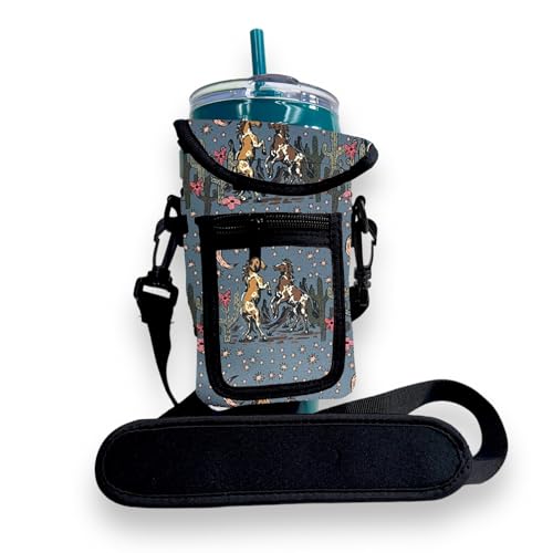Drink Handlers Drink Carrier with Pocket Purse - Versatile Water Bottle Holder with Strap -Velcro Strap Fits Around 30-40oz Tumblers - Wild Horses - color: Wild Horses