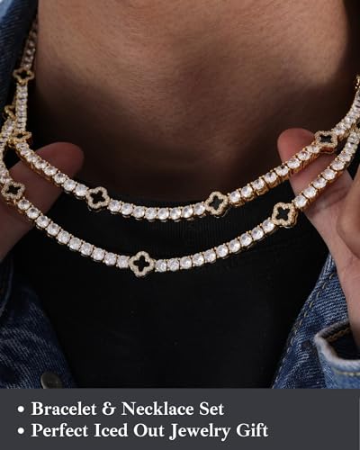 LuxeFlex 4mm Iced Out Four Leaf Tennis Chain,White Gold Plated with 5A Zircon Stones, exquisite Handmade Hip Hop Bling Necklace Perfect Unisex Jewelry Gift - color: Gold, size: 16 INCH