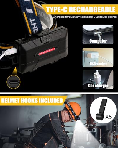Rechargeable Headlamp, 8 LED Headlamp Flashlight 18000 Lumen 8 Modes with White Red Lights USB Cable, Waterproof Head Lamp for Outdoor Camping Cycling Running Fishing