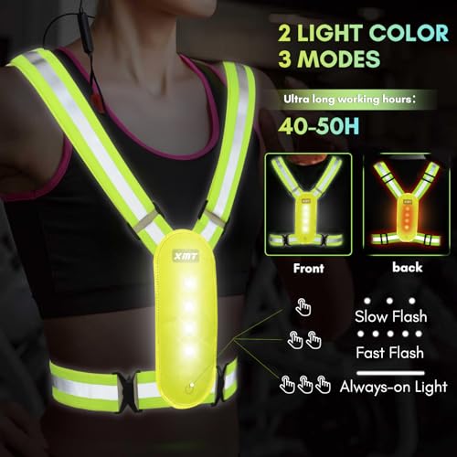 XMT LED Running Vest, High Visibility Rechargeable Adjustable Led Vest with Adjustable Waist and Shoulder, Reflective Cycling Gear Yellow