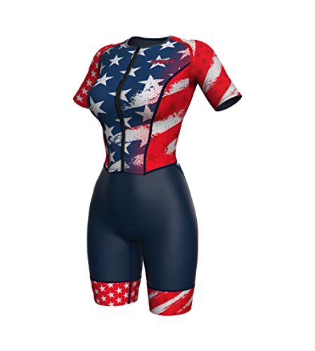 Sparx Aero Triathlon Suit Women Short Sleeve Tri Suit Women Running Swimming Cycling SkinSuit - color: Us Flag, size: Small