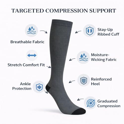 Diamond Star 6 Pairs Compression Socks for Men & Women, Knee High Socks - color: 6 Pairs Charcoal