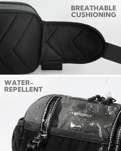 WATERFLY Large Hiking Fanny Pack: 3L Waist Bag with 2 Bottle Holders for Women Men - 9 Pockets & Adjustable Belt Lumbar Hip Packs for Travel Running Cycling Camping Workout (Bottles Not Included) - color: Gray-black